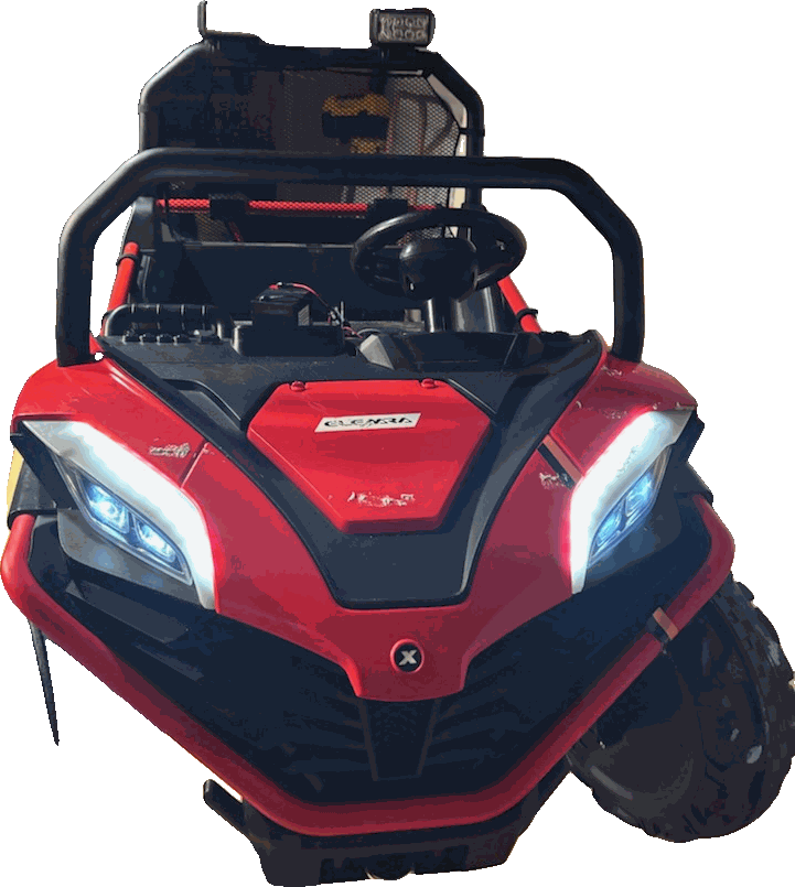 Kids' ride-on red racing buggy with a roll-cage look and light-up headlights