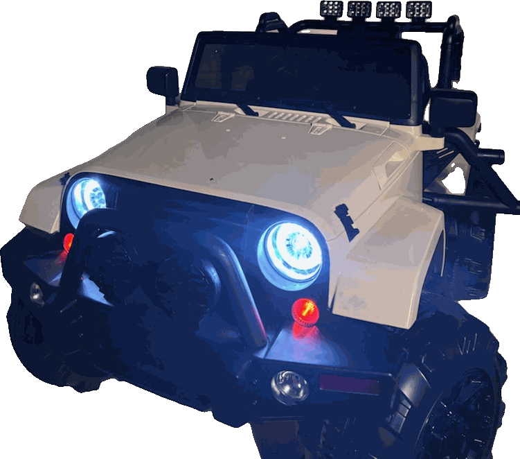 Kids' ride-on desert Jeep with a roof light bar and glowing headlights