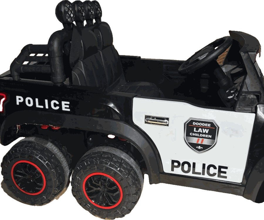 Kids' ride-on police pursuit truck with six wheels and a roof light bar