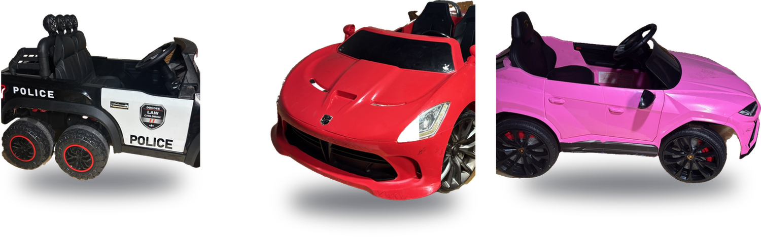 A lineup of kids' ride-on cars from Affordable Trailer Rentals: a six-wheel police truck, a red sports car, and a pink cruiser