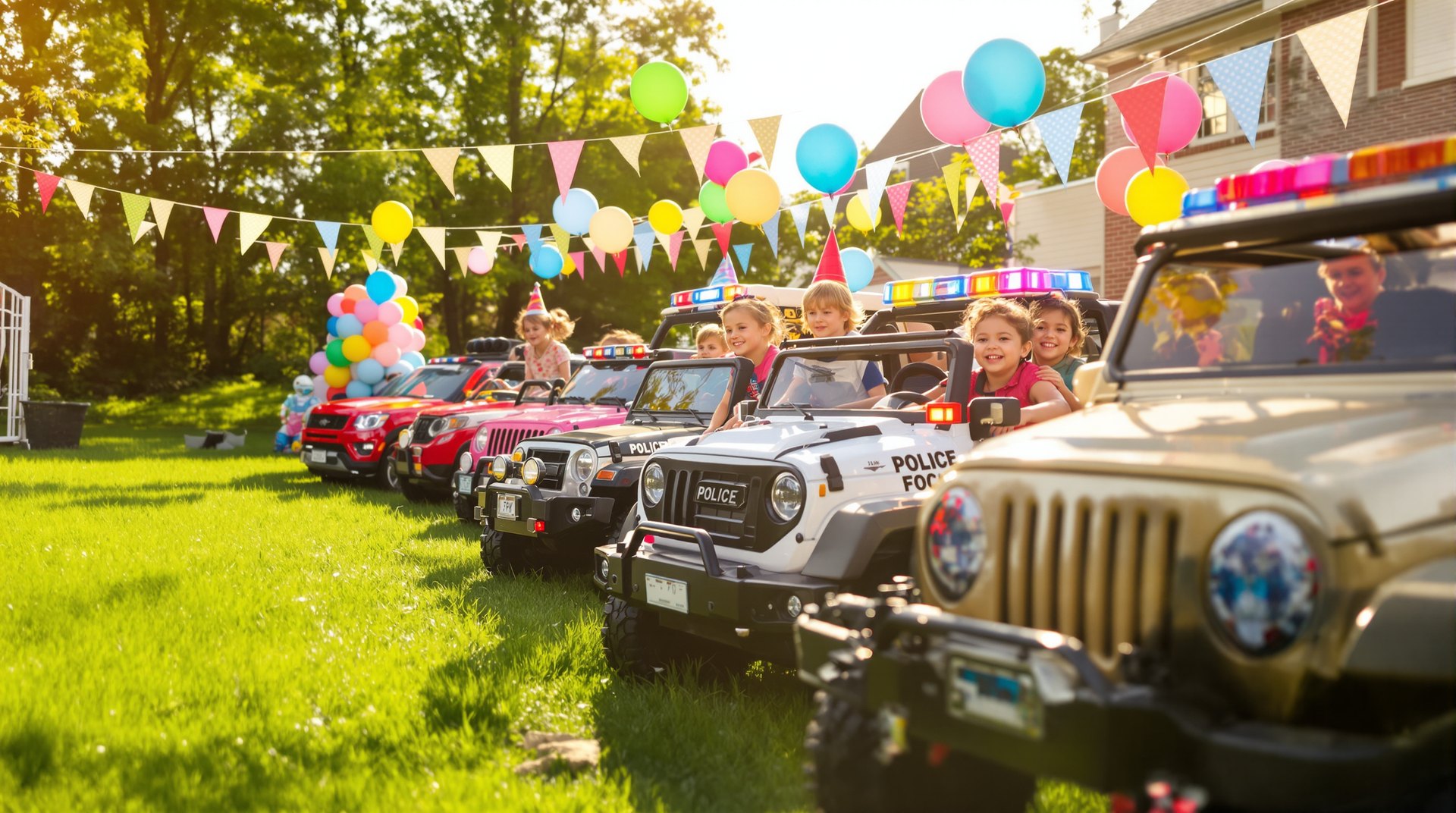 Kids riding colorful ride-on cars lined up on a sunny lawn at a birthday party with balloons and bunting