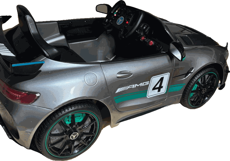 Kids' ride-on silver Mercedes AMG-style racer with stripes and number 4